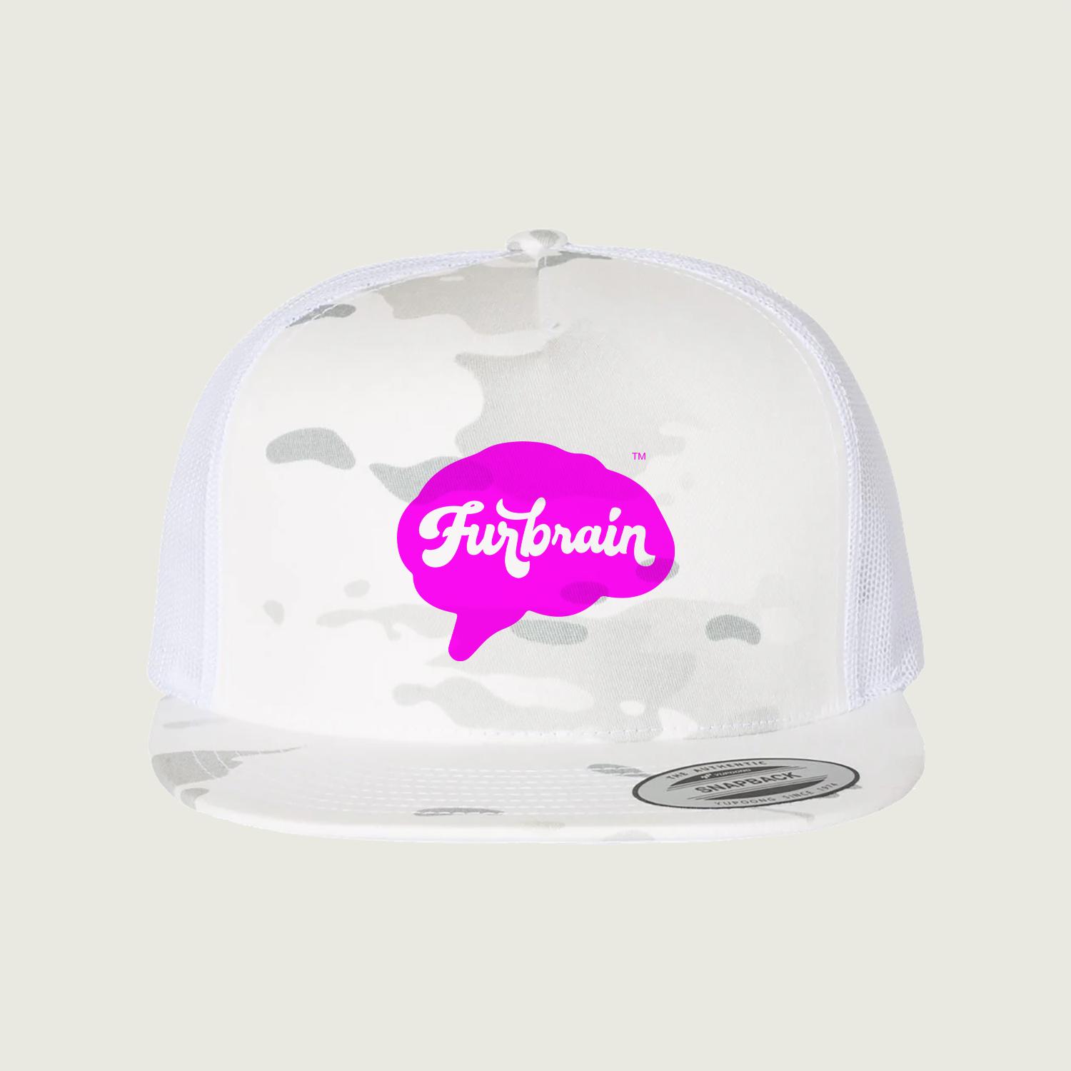 Furbrain Trucker Cap in Alpine Camo/White with magenta imprint